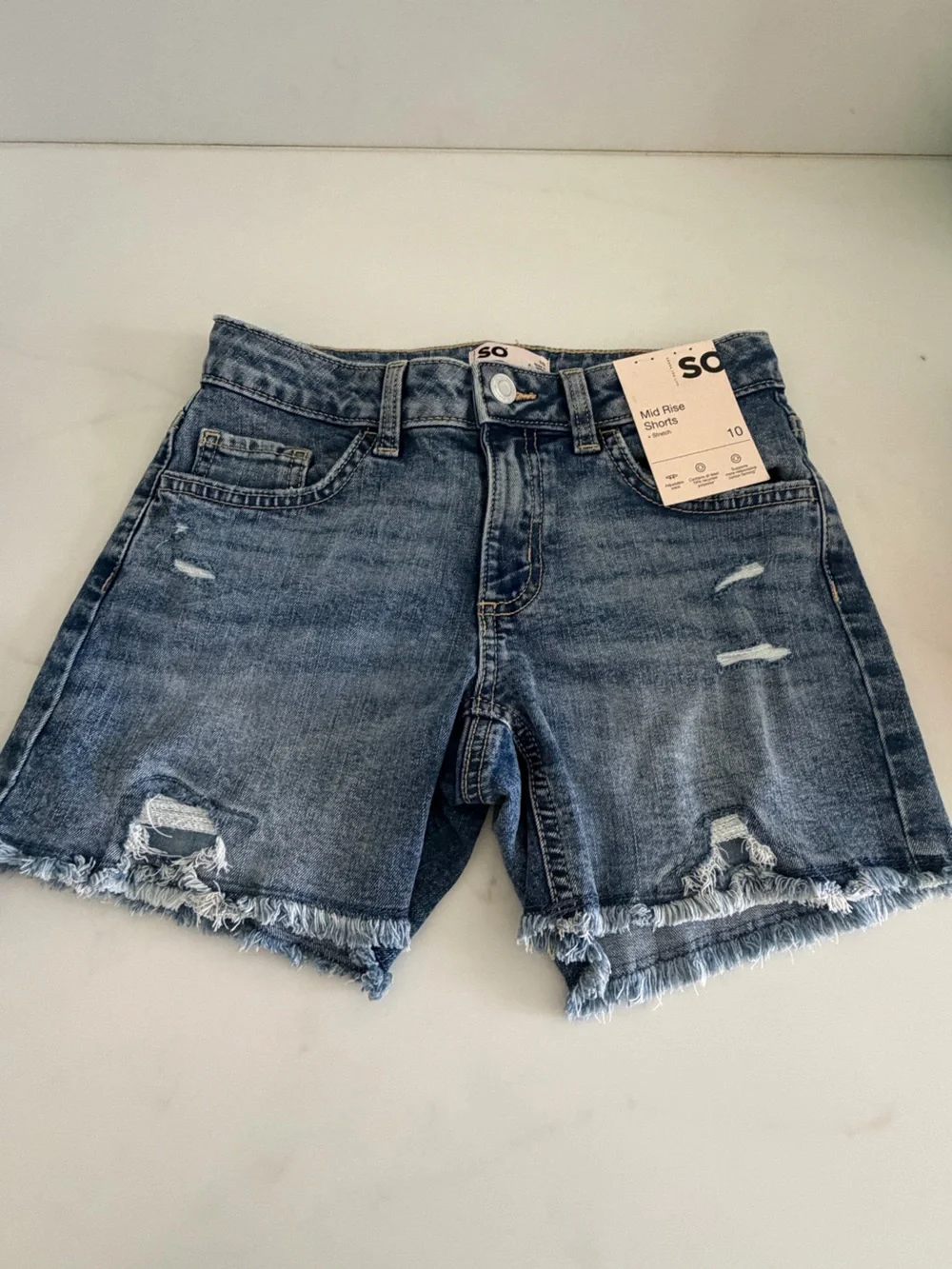 SO Distressed Frayed Hem Jean Shorts - Blue Denim